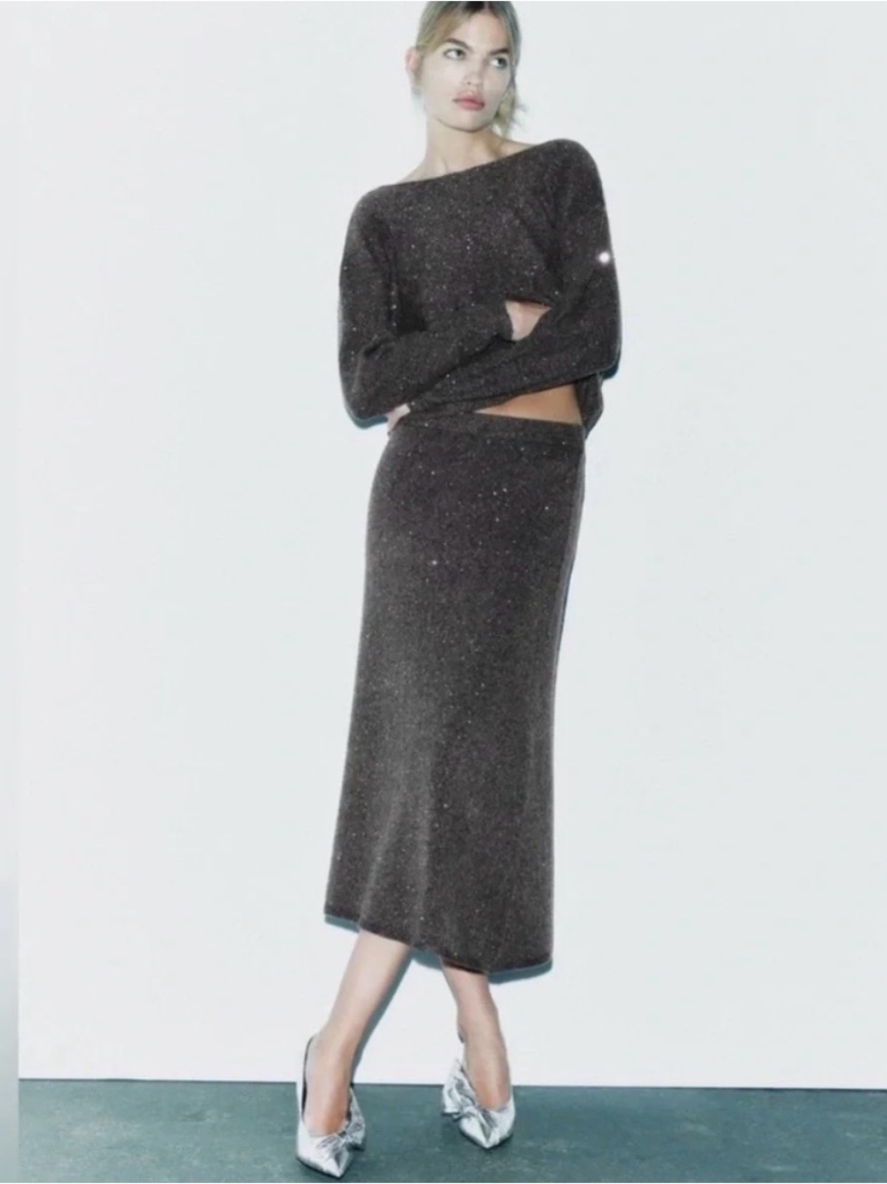 Zara Metallic Knit Sweater and Midi Skirt set - Dark Grey